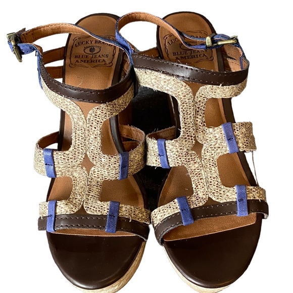 Lucky blue snakeskin & brown strappy open toe wedge sandals cork espadrilles 8.5 - Picture 2 of 9